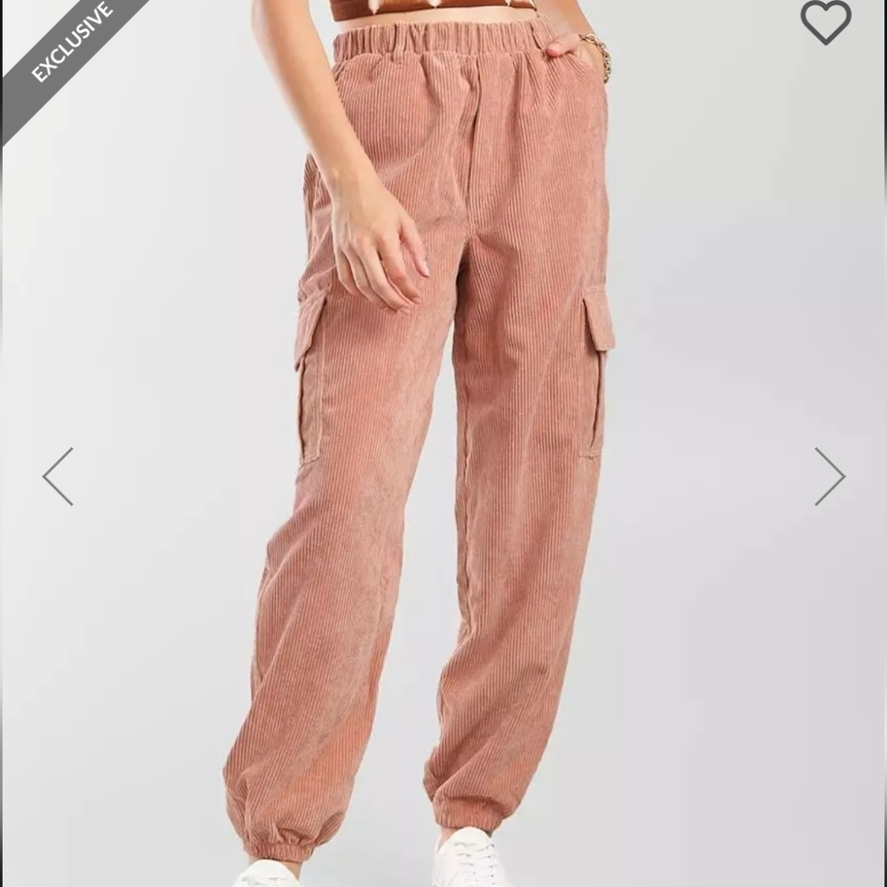New BKE Corduroy Cargo Jogger Elastic Waist & Cuffs Size Small, Color Peach Tea